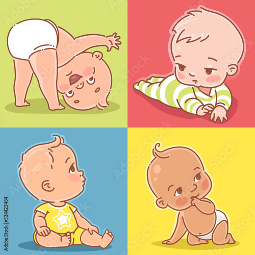 Cute little babies of 3-12 months. Happy smiling children lay, sit, play. Boy or girl, various poses. Children wear diapers, t-shirts, overalls. Color vector illustration set.