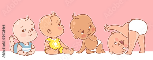 Cute little babies of 3-12 months. Happy smiling children lay, sit, play. Boy or girl, various poses. Children wear diapers, t-shirts, overalls. Color vector illustration set.