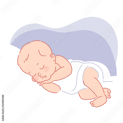 Cute little baby sleeping.  Baby girl or boy sleeps  peacefully at night in the bed. Simple line art style. Color vector illustration.