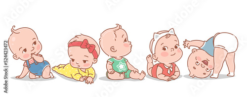 Cute little babies of 3-12 months. Happy smiling children lay, sit, play. Boy or girl, various poses. Children wear diapers, t-shirts, overalls. Color vector illustration set.