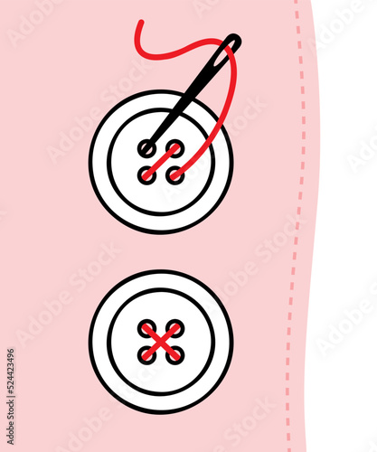 Sewing button with needle and thread, vector illustration