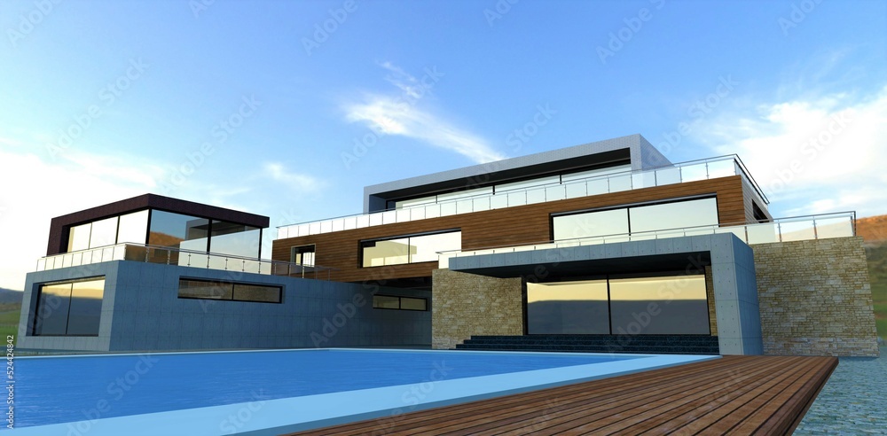 Luxurious country villa with pool. Futuristic style. Wall cladding concrete, slate, and facade board. Glass enclosed terraces. Reflective side windows. 3d render.
