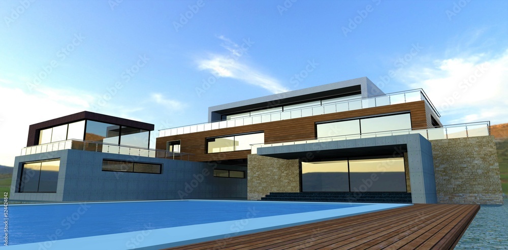 Luxurious country villa with pool. Futuristic style. Wall cladding concrete, slate, and facade board. Glass enclosed terraces. Reflective side windows. 3d render. Luxurious country villa with pool. Futuristic style. Wall cladding concrete, slate, and facade board. Glass enclosed terraces. Reflective side windows. 3d render.