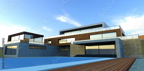 Luxurious country villa with pool. Futuristic style. Wall cladding concrete, slate, and facade board. Glass enclosed terraces. Reflective side windows. 3d render. © Oleksandr