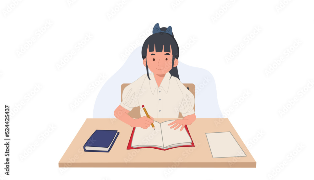 girl in student Uniform is learning in classroom.lecturing. taking note in book. Asian student. Vector illustration. girl in student Uniform is learning in classroom.lecturing. taking note in book. Asian student. Vector illustration.