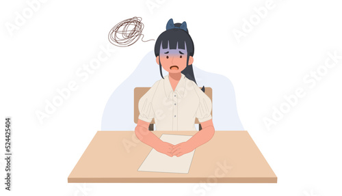 girl in student Uniform getting worry due to can't do the exam. stressful, worried. Asian student. Vector illustration.