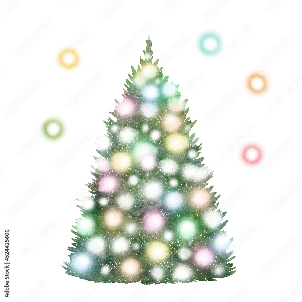 Christmas tree with bright glowing garland. Watercolor рand-painted illustration isolated on white background. New year winter design for cards, prints, scrapbooking, invitations