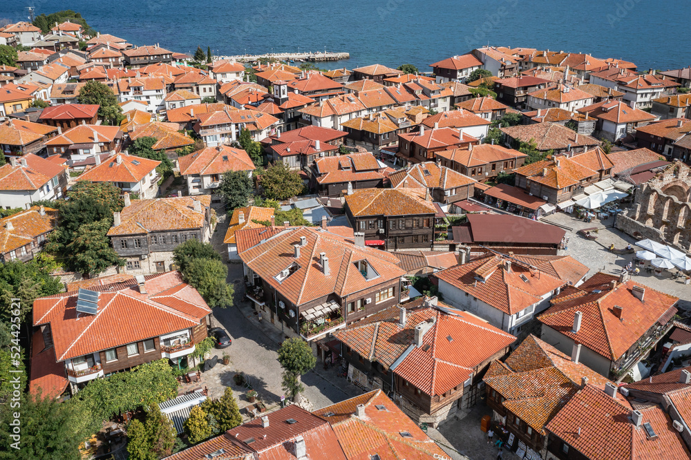 Aerial view of Old Town of Nesebar seaside city on Black Sea shore in Bulgaria