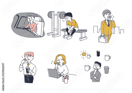 カフェインの取り過ぎによる睡眠不足を疑われる人々のセット　コミカルな手書きの人物　