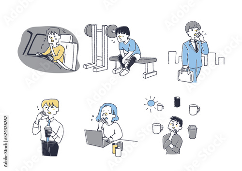 カフェインの取り過ぎによる睡眠不足を疑われる人々のセット　コミカルな手書きの人物　