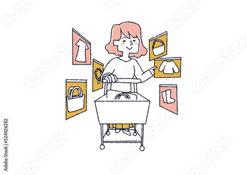 デジタル空間で欲しい商品をカートに入れる女性　ネットショップでお気に入りリストを持っている人々