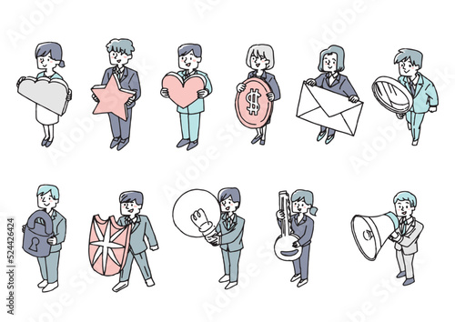 俯瞰で見た大きなアイテムを持っているビジネスマンのセット　コミカルな手書きの人物　