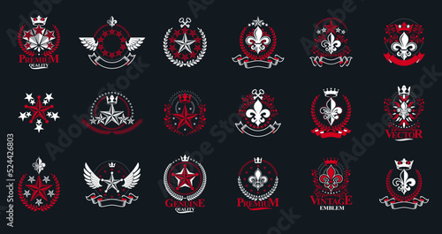 Classic style stars emblems big set, ancient heraldic symbols awards and labels collection, classical heraldry design elements, family or business emblems.