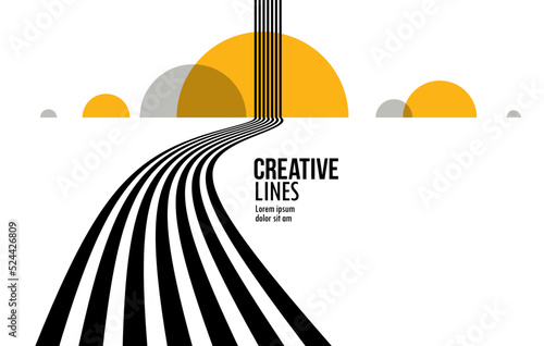 3D black and white lines in perspective with yellow elements abstract vector background, linear perspective illustration op art, road to horizon. photo