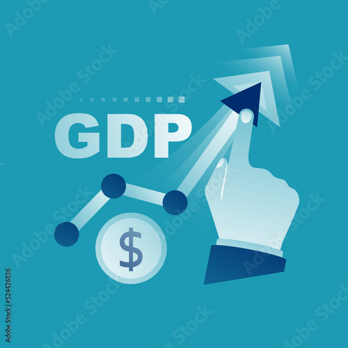Growth GDP concept. Government budget, public spending. Businessman raises up arrow graphics. Increment in annual financial budget. Vector illustration flat design. Isolated background. photo