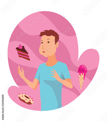 Allergic reactions concept. Symptoms of disease. Man with hypersensitivity and reaction of immune system on some food