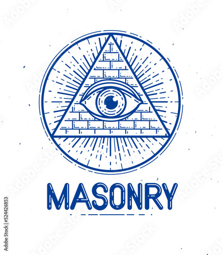 All seeing eye of god in sacred geometry triangle, masonry and illuminati symbol, vector logo or emblem design element.