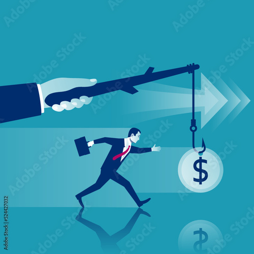 Incentive concept. Business metaphor. Personnel management leadership. Motivate people. Big hand holds gold coin on stick, businessman running for bait. Vector illustration flat design. Attract earn.