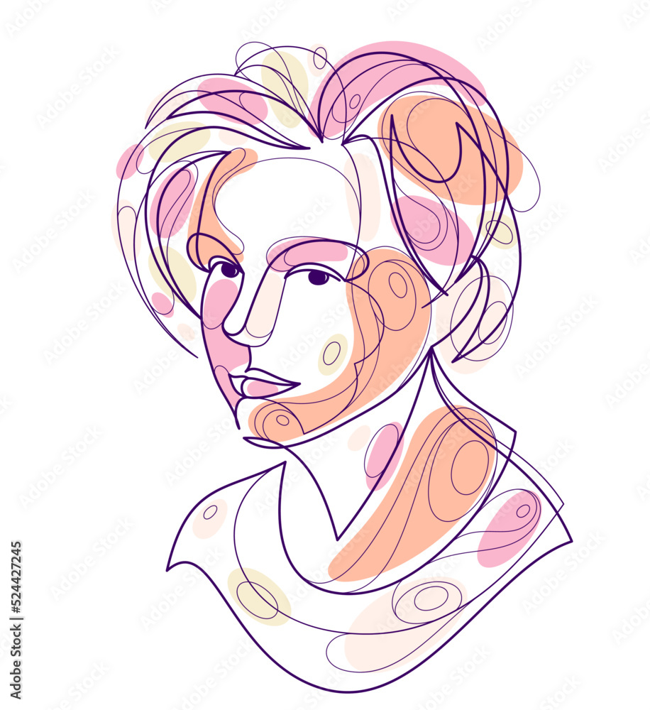 Obraz premium Woman beauty face vector linear illustration, delicate line art of attractive girl portrait, abstract feminine drawing minimal style isolated.