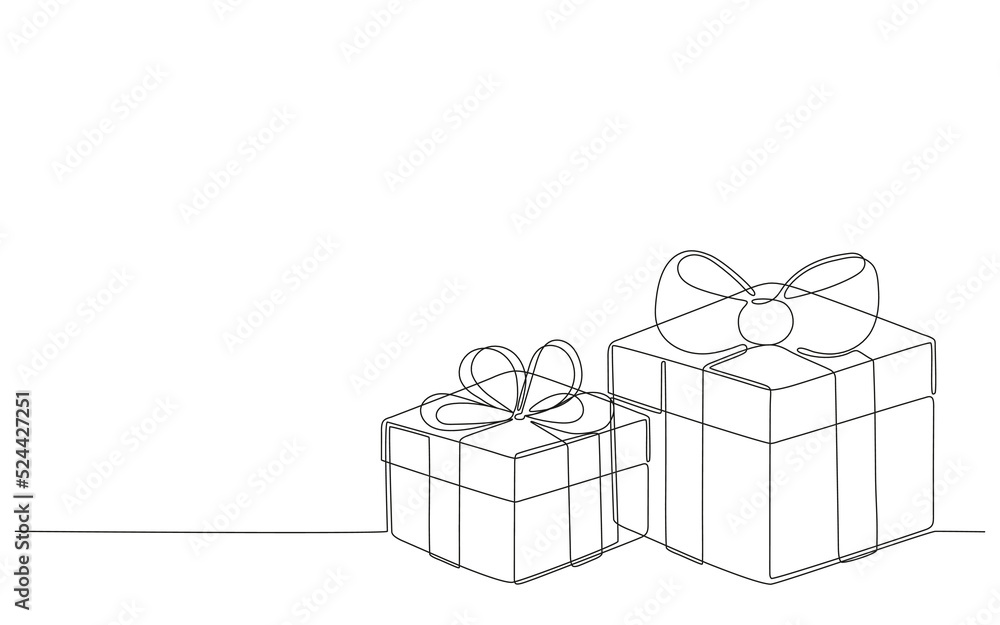 Obraz premium Gift box with ribbon for card, presentation on Christmas, birthday or holiday, continuous one art line drawing. Present box, wrapped package with ribbon bow. Surprise on party and celebration. Vector