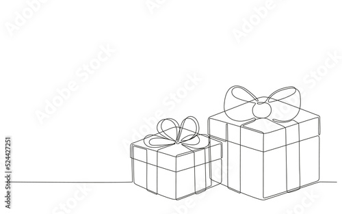 Gift box with ribbon for card, presentation on Christmas, birthday or holiday, continuous one art line drawing. Present box, wrapped package with ribbon bow. Surprise on party and celebration. Vector