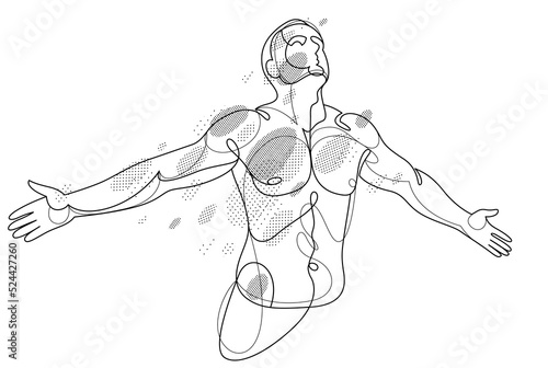 Man with spread hands showing pose of freedom like feeling that he can fly, vector linear illustration, emotional concept of feel free and happy.