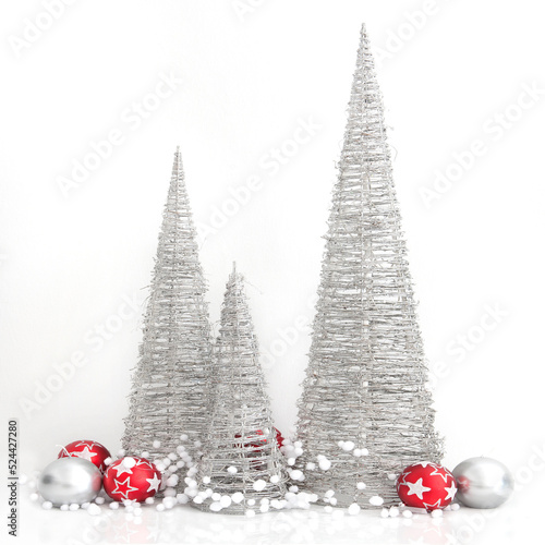 Greeting card Happy New Year with silver and red objects . High quality photo
