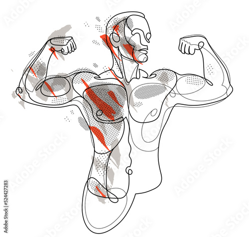 Athletic man torso vector linear illustration, male beauty with perfect muscular fit body posing, artistic drawing of fitness model.