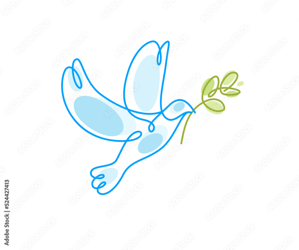 Obraz premium Peace dove with olive branch vector line art illustration isolated, flying bird symbol of peace and freedom, linear drawing.