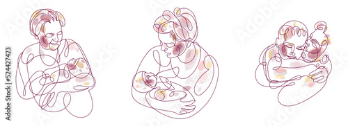 Grandmother and baby child grandson or granddaughter vector linear illustration isolated, grandma holding baby showing love and care.