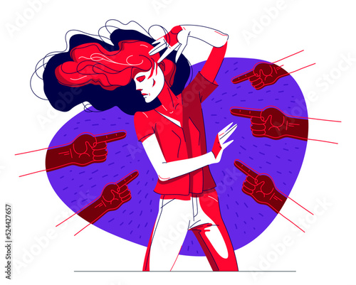Young girl in problem and pointing finger hands vector illustration concept of bullying and shaming, mockery and discrimination theme.