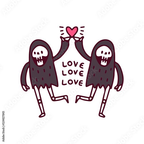 Grim reaper skulls showing love symbol, illustration for t-shirt, sticker, or apparel merchandise. With doodle, retro, and cartoon style.