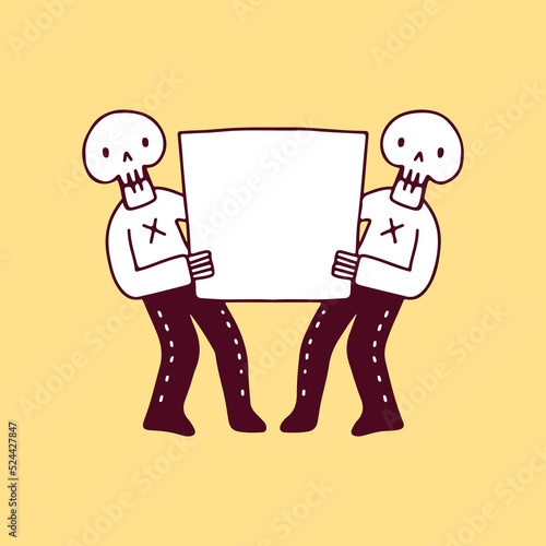 Funny skull character holding empty banner, illustration for t-shirt, sticker, or apparel merchandise. With doodle, retro, and cartoon style.