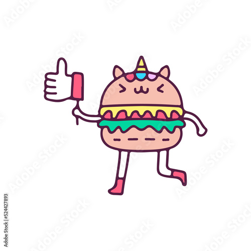 Kawaii burger unicorn holding like button, illustration for t-shirt, street wear, sticker, or apparel merchandise. With doodle, retro, and cartoon style.