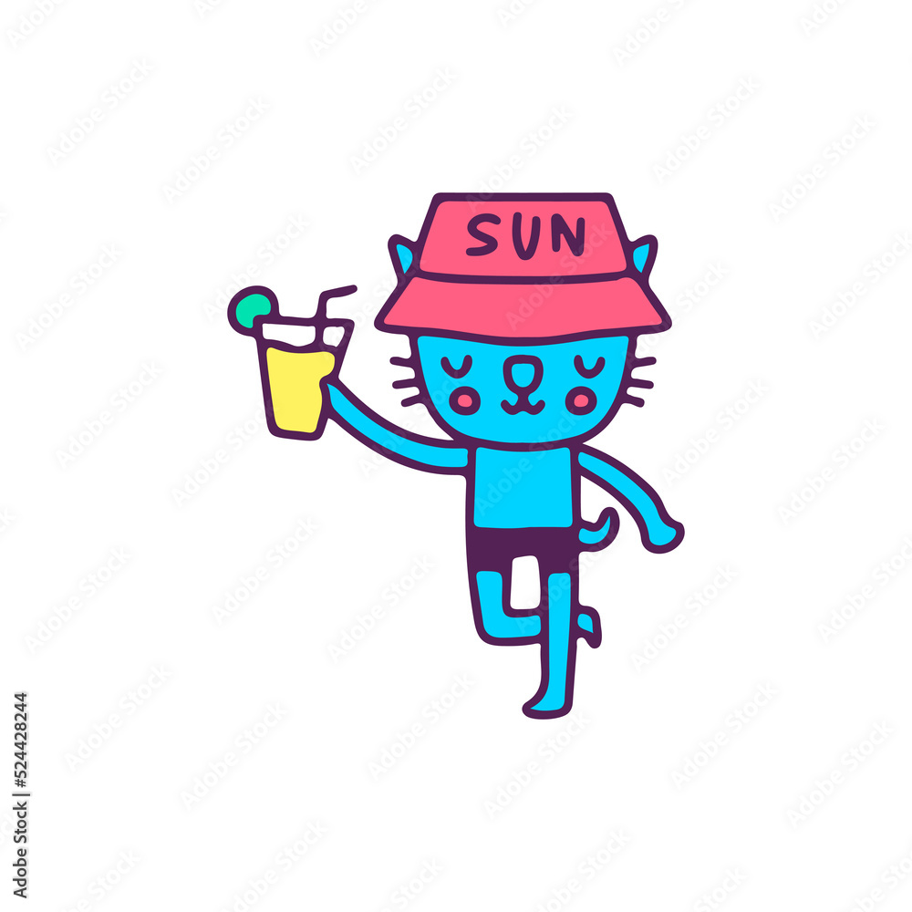 Hype cat wearing bucket hat holding lemon juice, illustration for t-shirt, sticker, or apparel merchandise. With doodle, retro, and cartoon style.