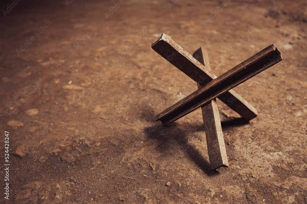 Iron hedgehog. Antitank barrier. Military industry. Block on the road