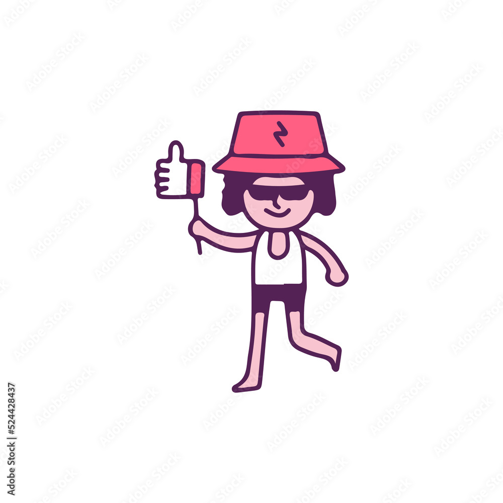 Funny young boy in bucket hat holding like button, illustration for t-shirt, sticker, or apparel merchandise. With doodle, retro, and cartoon style.