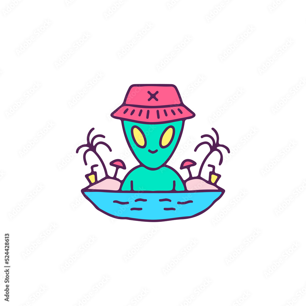 Hype alien wearing bucket hat on the beach, illustration for t-shirt, sticker, or apparel merchandise. With doodle, retro, and cartoon style. Hype alien wearing bucket hat on the beach, illustration for t-shirt, sticker, or apparel merchandise. With doodle, retro, and cartoon style.