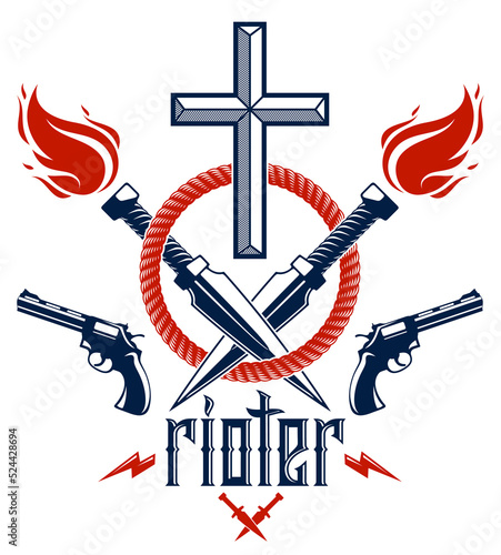 Gangster thug emblem or logo with Christian Cross, weapons and different design elements , vector tattoo, anarchy and chaos, dead rebel partisan and revolutionary.
