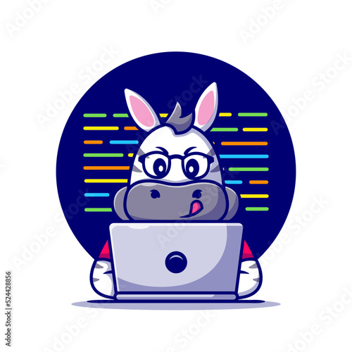 Cute Zebra Working On Laptop Cartoon Vector Icon 
Illustration. Animal Technology Icon Concept Isolated 
Premium Vector. Flat Cartoon Style photo