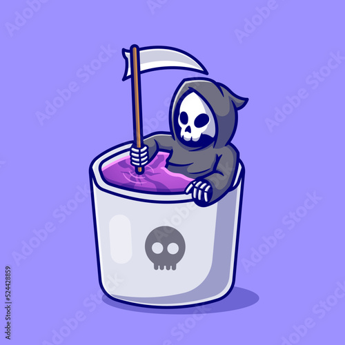 Cute Grim Reaper In Mug Cartoon Vector Icon Illustration. 
People Holiday Icon Concept Isolated Premium Vector. Flat 
Cartoon Style