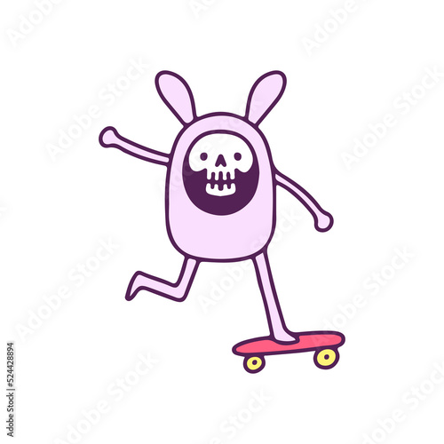 Adorable skull in bunny costume playing skateboard unicorn , illustration for t-shirt, street wear, sticker, or apparel merchandise. With doodle, retro, and cartoon style.