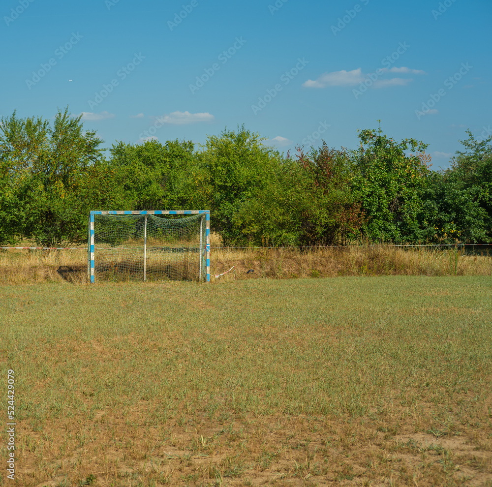 soccer field with burnt meadow, old wooden soccer goal.