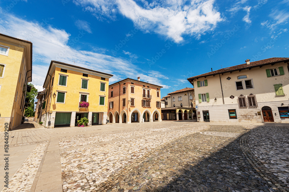Main town square in Spilimbergo of medieval origins called Piazza Giuseppe Garibaldi (Giuseppe Garibaldi square), Pordenone province, Friuli-Venezia Giulia, Italy, southern Europe.