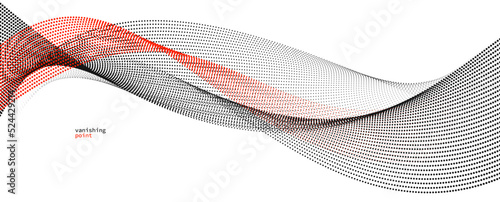 Smooth and relaxing shape vector abstract background with wave of flowing particles, curve lines of dots in motion, red and black tranquil and soft image.