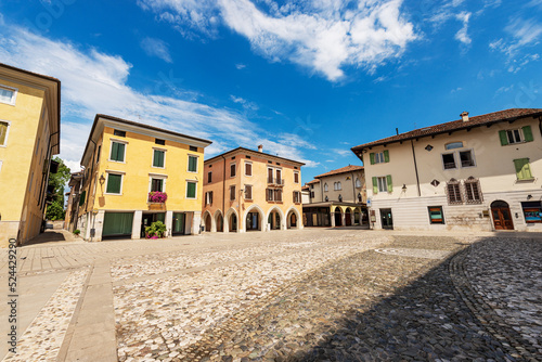 Main town square in Spilimbergo of medieval origins called Piazza Giuseppe Garibaldi  Giuseppe Garibaldi square   Pordenone province  Friuli-Venezia Giulia  Italy  southern Europe.