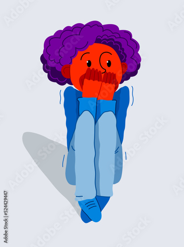 Scared kid boy feeling uncomfortable vector illustration, children phobia paranoia anxiety or other psychical and psychological problems concept, bad emotions.