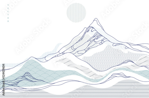 Abstract oriental Japanese art vector background, traditional style design, wavy shapes and mountains terrain landscape, runny like sea lines.