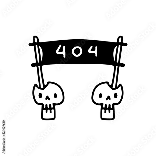 Funny skulls head with error 404 message, illustration for t-shirt, sticker, or apparel merchandise. With doodle, retro, and cartoon style.