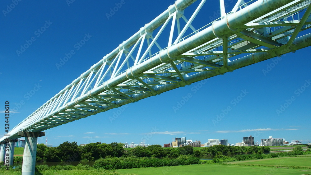 Obraz premium 真夏の土手から見る江戸川河川敷とガス導管のある風景